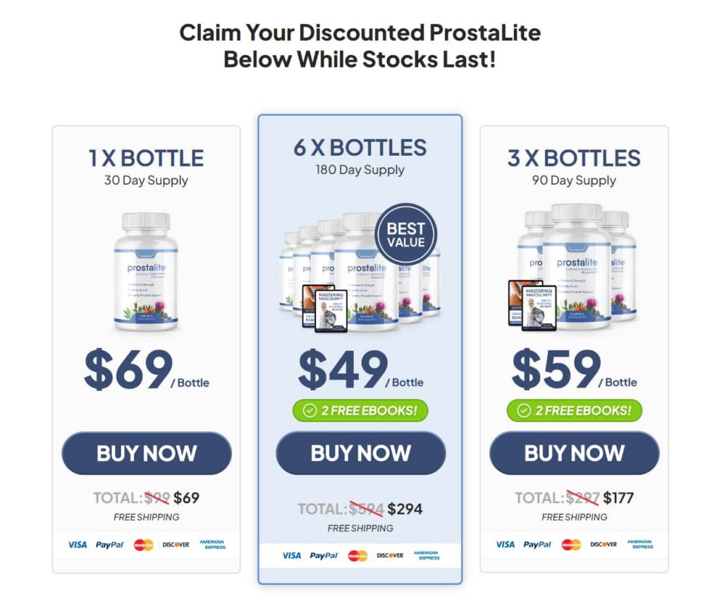 A bottle of Prostalite prostate health supplement showing natural ingredients for men's health.
